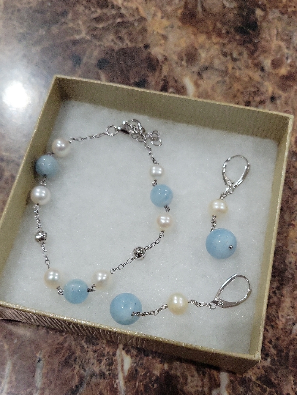 Aquamarine  Bead and Pearl Bracelet & Earring Set - In Sterling Silver